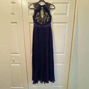 Minuet long pleated lace formal evening gown